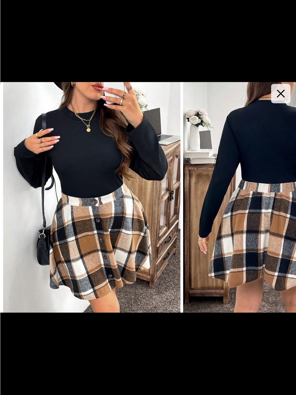 Black Top with Brown Plaid A-Line Skirt Set